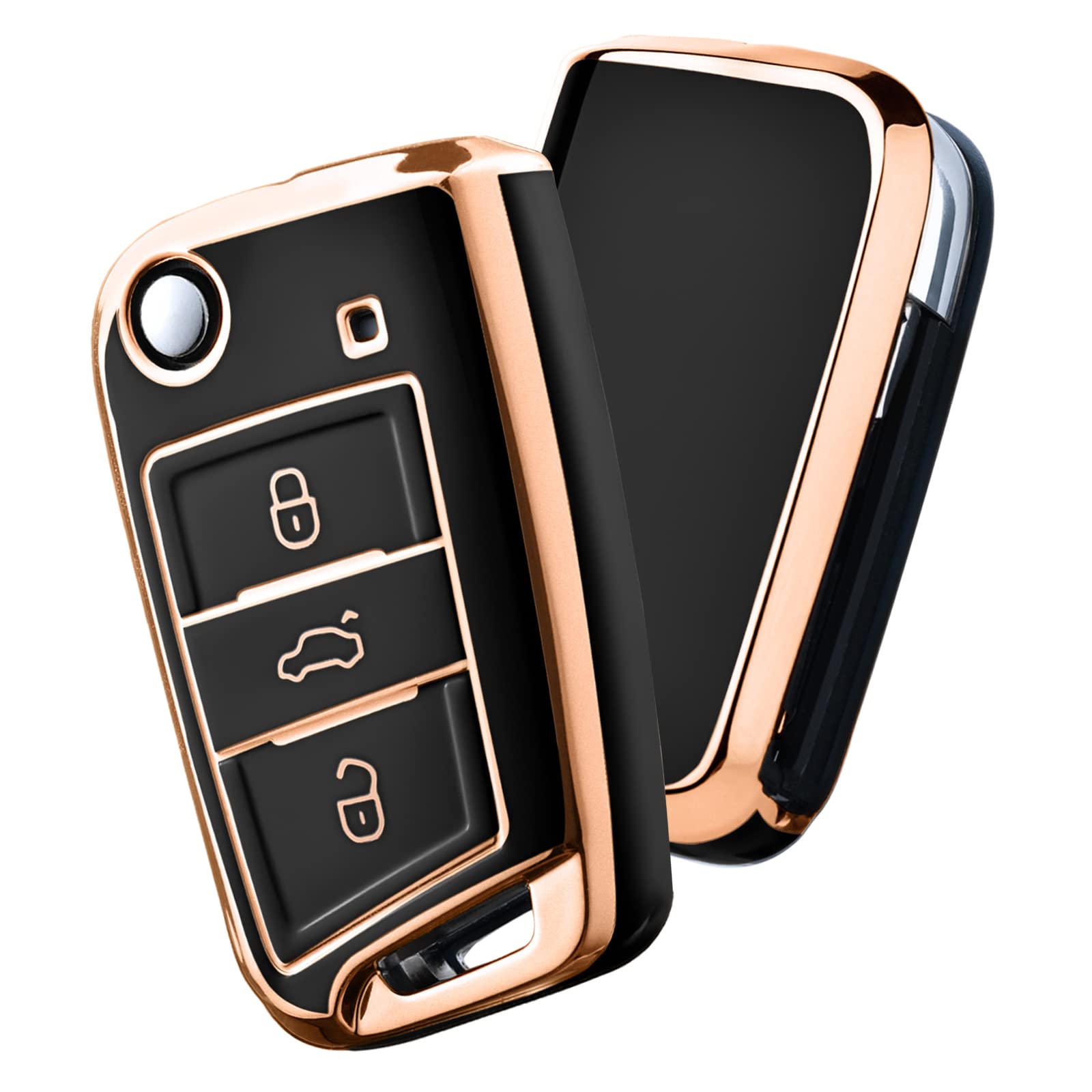 OATSBASF Car Key Case For VW, Key Case Compatible with VW Golf 7 MK7，Silicone Key Case, Key Box Cover for VW Polo, Skoda, Tiguan, 3 Buttons (gold trim-green) — view 36