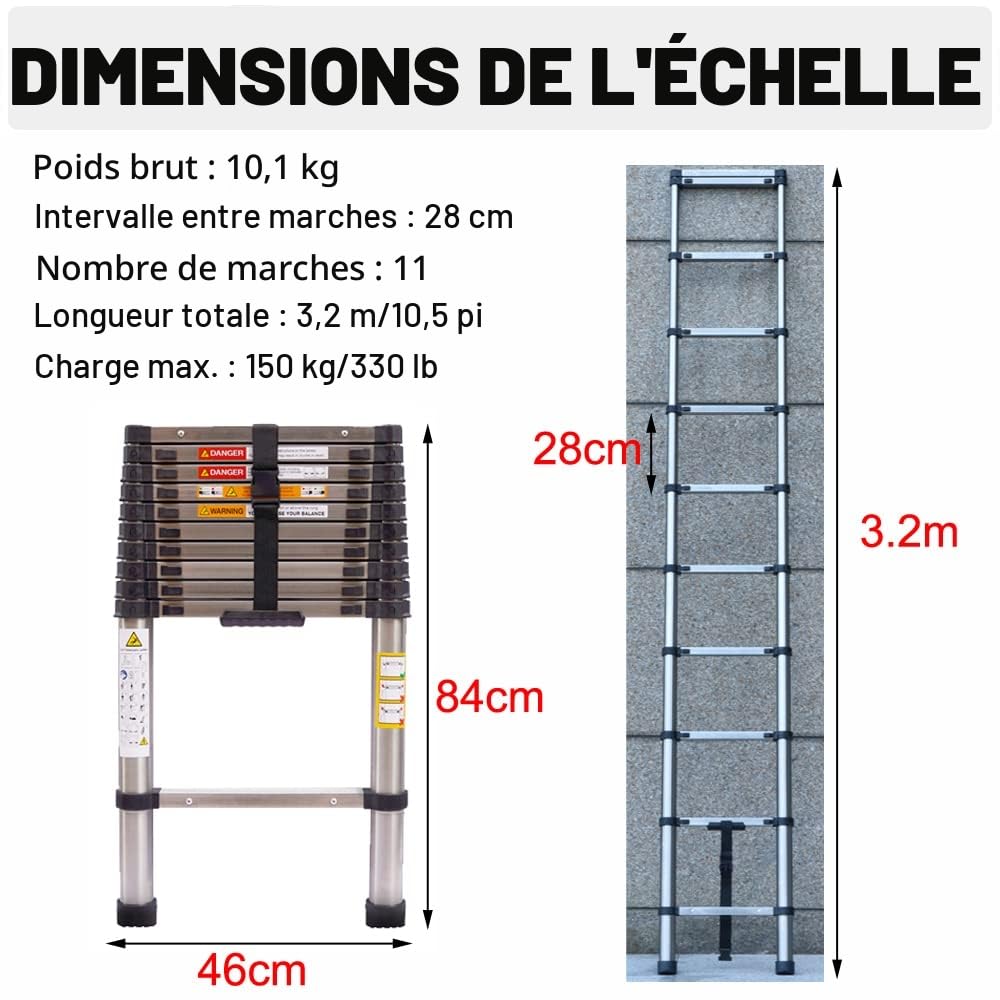 Échelle télescopique antidérapante en acier inoxydable de 3,2 m avec 11 échelons, capacité de charge de 150 kg