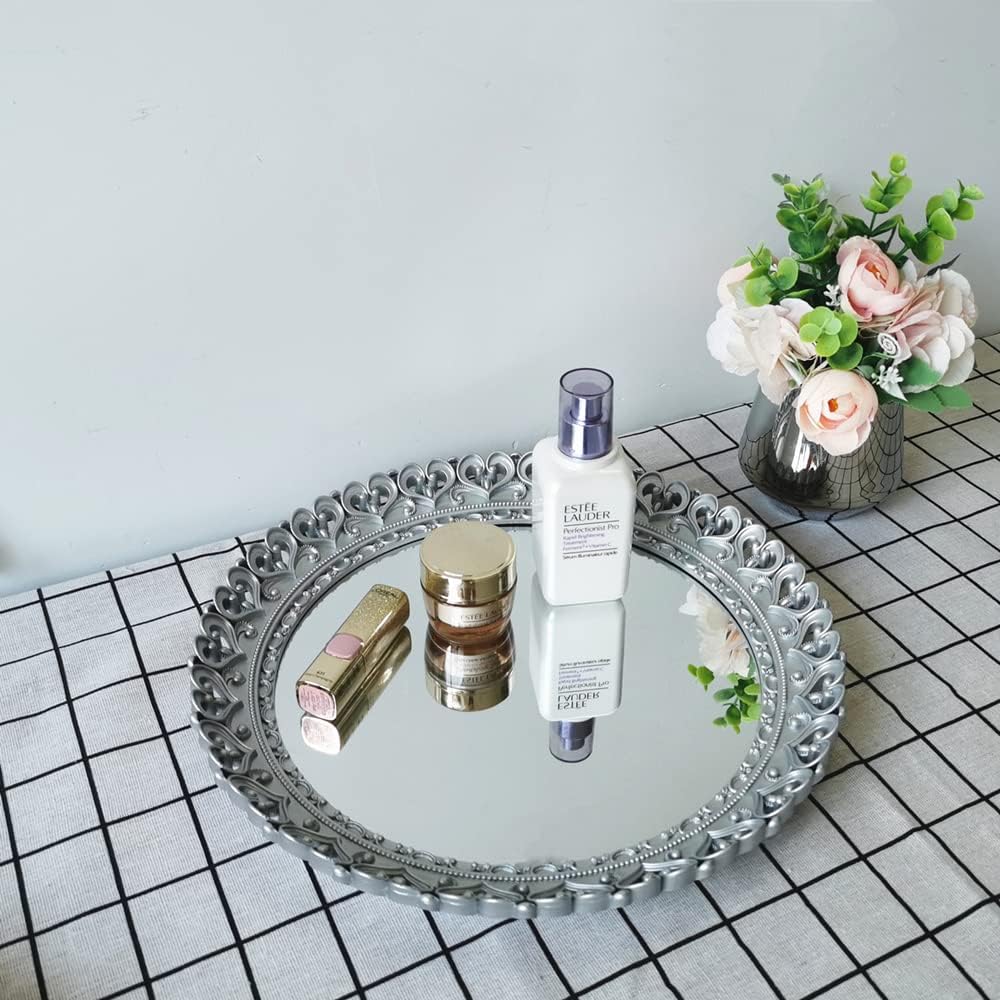 YANIZU Decorative Mirror Tray, Round Hollowed Out Design, Organizer for Makeup, Jewelry, Perfume, Vintage Display and Serving Tray for Dresser, Counter and Coffee Table, 12''X 12'', Silver - Image 2