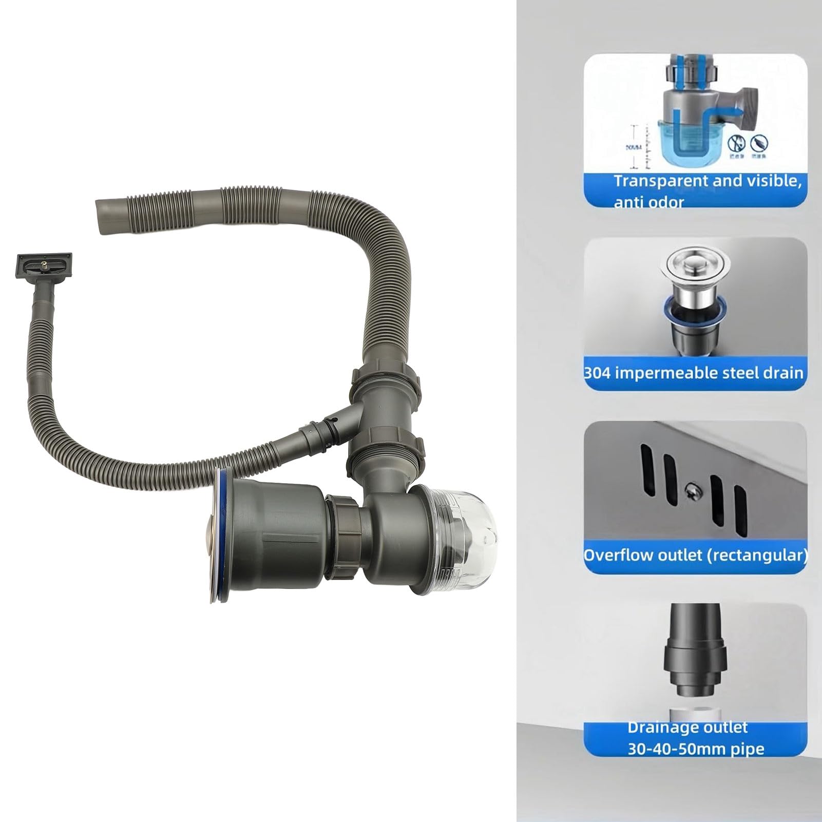 Kit di Scarico per Lavello da Cucina Kit Tubo di Scarico per Lavabo in Odore Addensato Drenaggio del lavello da Cucina e Smaltimento dei Rifiuti