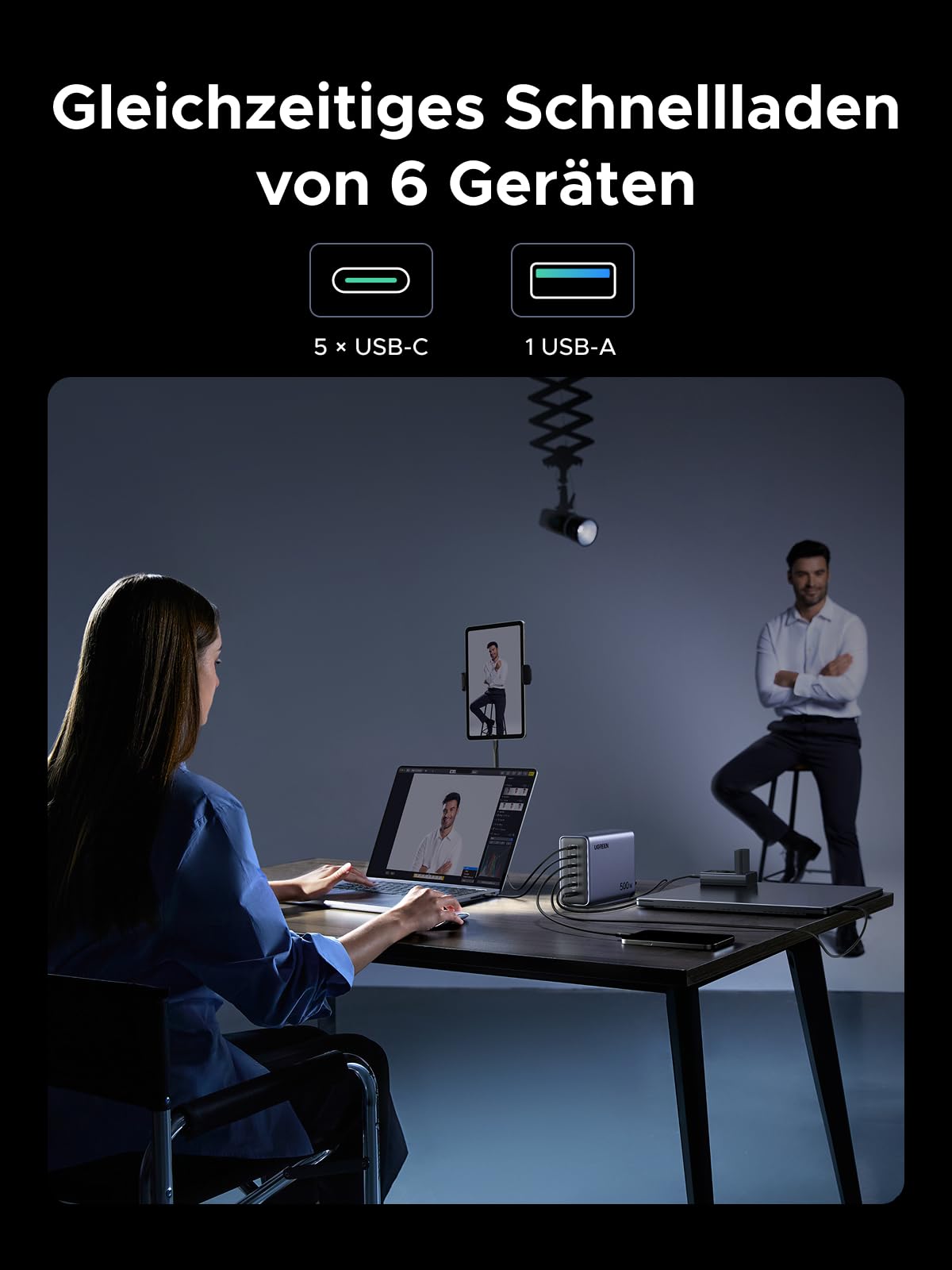 UGREEN Nexode 500W USB C Ladegerät 6-Port Netzteil GaN Ladestation PD 3.1 Desktop Charger Mehrfach kompatibel mit MacBook, iPad Pro/Air, iPhone 17-8 Serie, Galaxy S25-S22