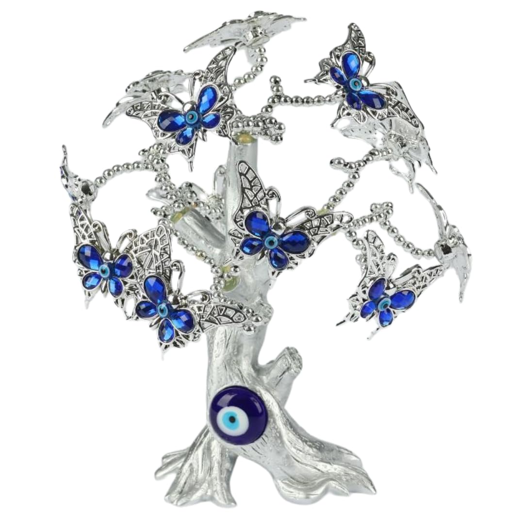 Trendi Turkish Blue Evil Eye Tree Figurine | Nazar Coaster Tree for Protection, Good Luck & Prosperity | Feng Shui Showpiece Gift for Home & Office Decor (Butterfly Silver)