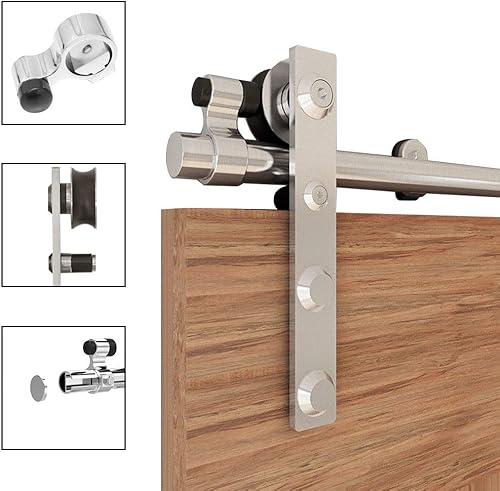 Miniatura 8 de TSMST Kit de herrajes para puerta corrediza de granero de acero inoxidable de 6 pies para una sola puerta de madera, suave y silenciosa, se adapta a