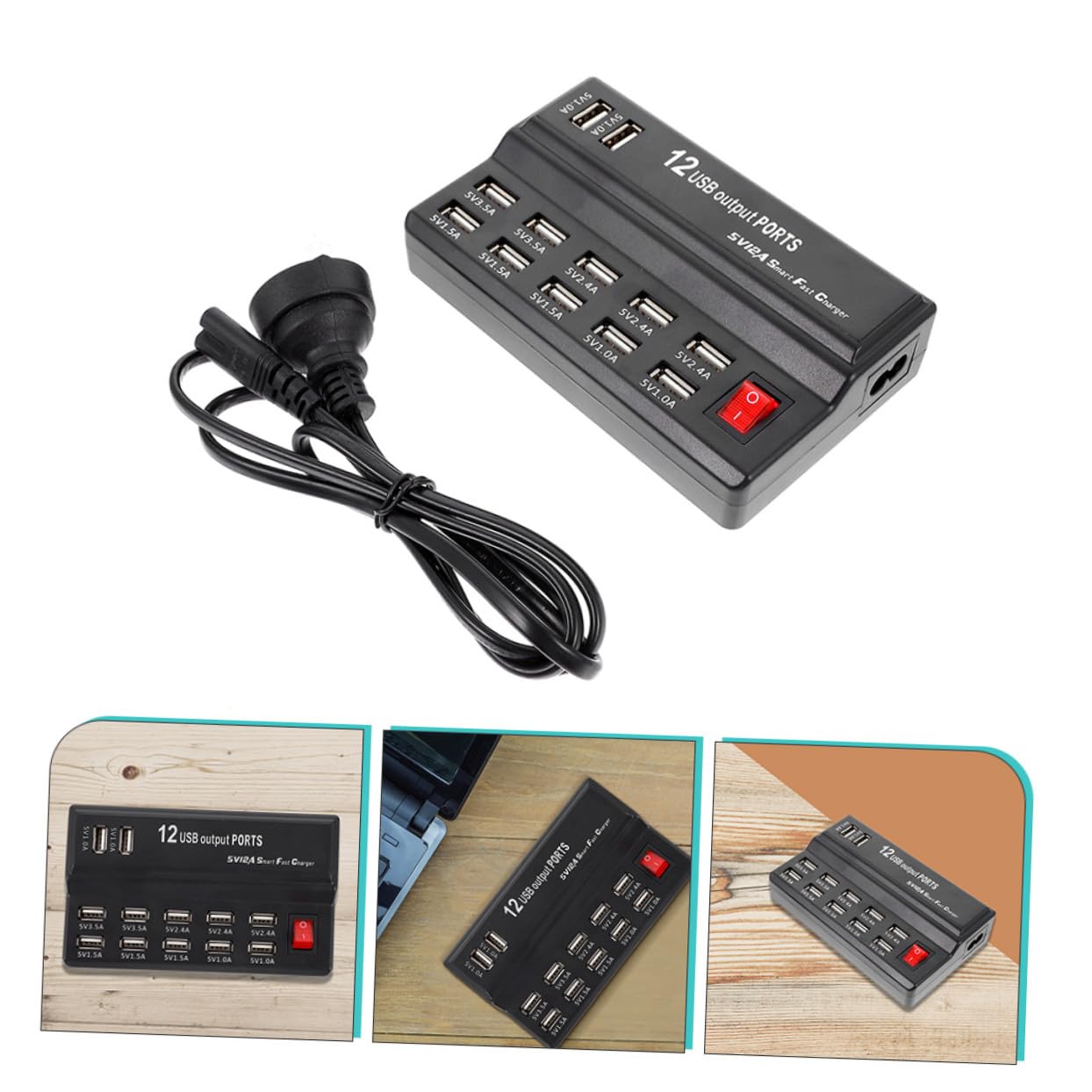 Homoyoyo Estación de Carga USB Inteligente de con Cable Europeo Cargador Múltiple para Móviles y Dispositivos Base de Enchufes Múltiples para Hogar y Oficina
