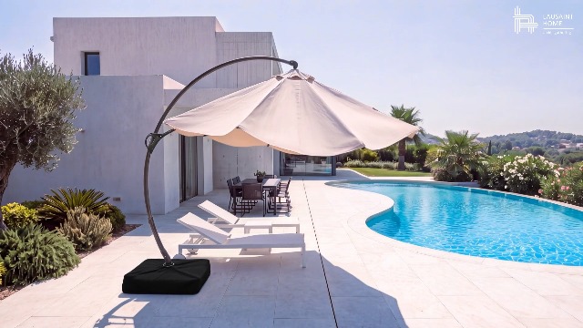 LAUSAINT HOME Outdoor Patio Umbrella with Base included, 12 FT Deluxe Curvy Cantilever Umbrella Heavy Duty Offset Hanging Umbrella with 360° Rotation for Market, Pool, Garden, Backyard, Deck (Red)