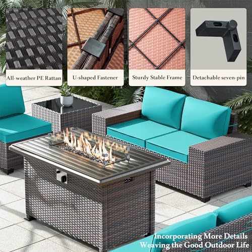 Image of 13 PCS Outdoor Patio Furniture Set,Outdoor Sectional Furniture with 43 inch 55000 BTU Gas Propane Fire Pit Table,All Weather PE Rattan Wicker Patio Conversation Set,Turquoise Blue
