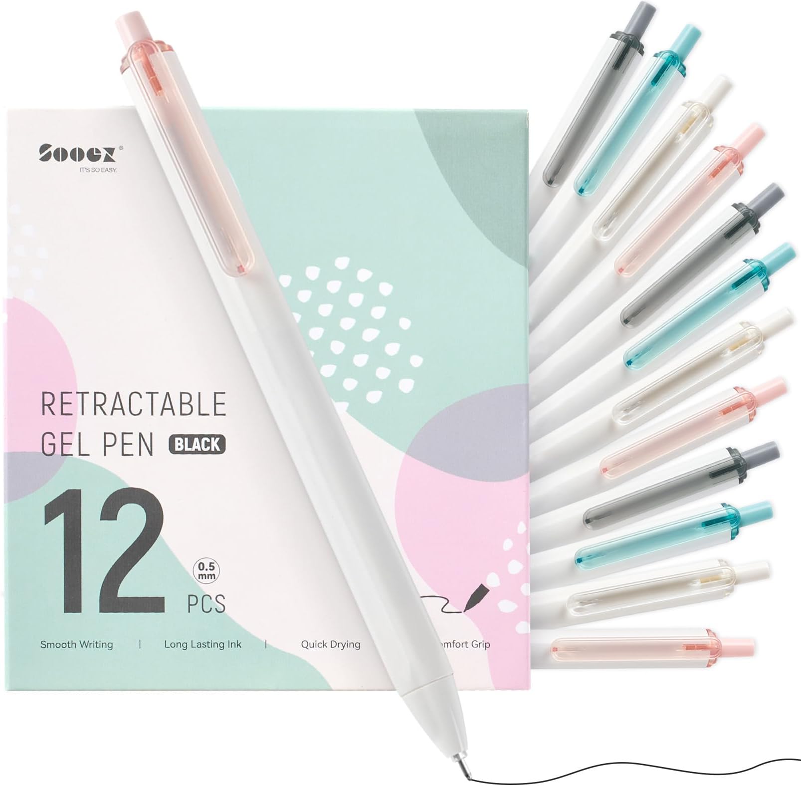 12 Pcs Gel Pens, Sooez Extra Smooth Black Ink Pen, 0.5mm Fine Point Writing Pen for Journaling Note Taking, Quick Drying Retractable Pen, Cute Japanese Stationery School Office Supplies Gift for Women