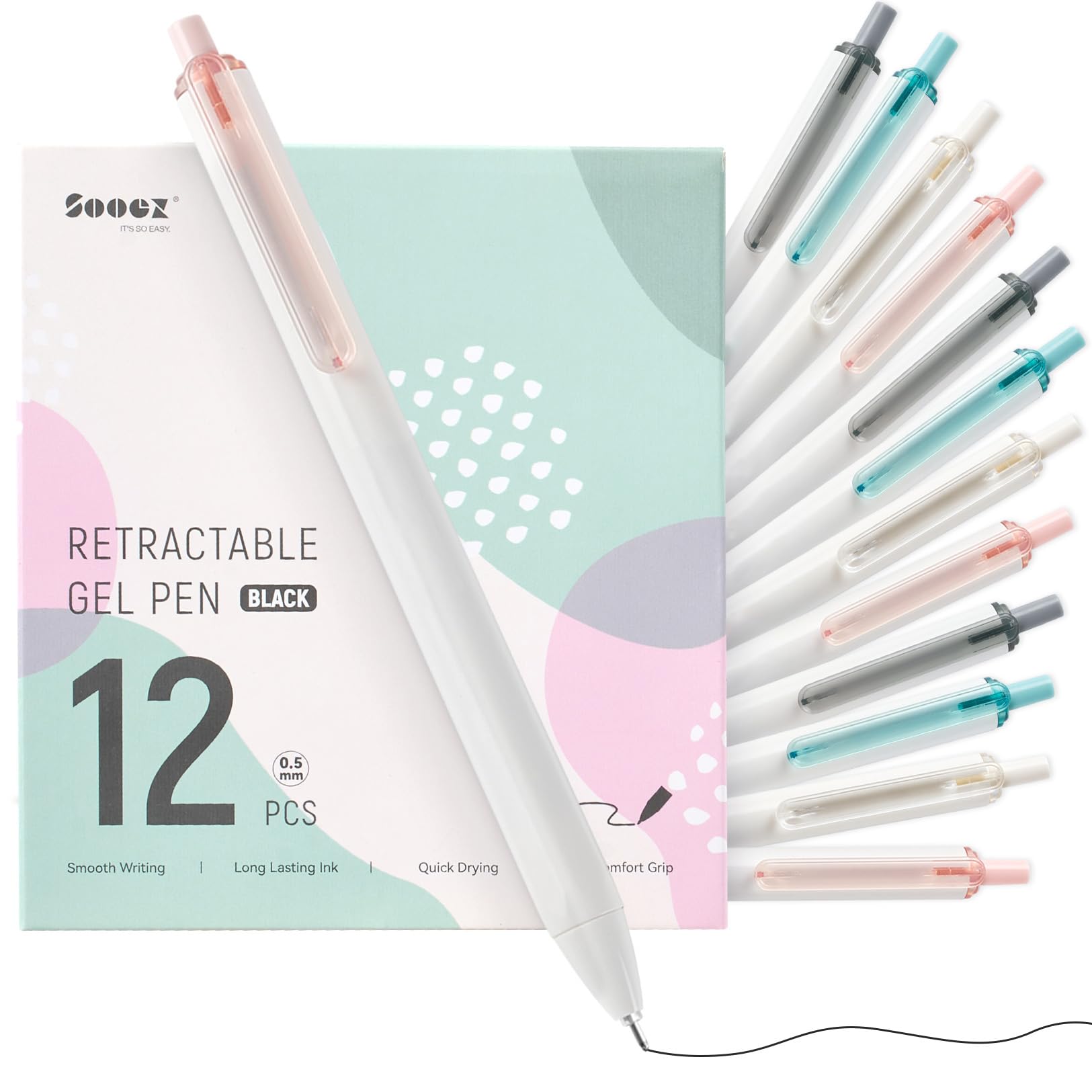 12 Pcs Gel Pens, Sooez Extra Smooth Black Ink Pen, 0.5mm Fine Point Writing Pen for Journaling Note Taking, Quick Drying Retractable Pen, Cute Japanese Stationery School Office Supplies Gift for Women