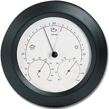 Weather Station - Aneroid Barometer - Analog Thermometer - Spiral Hygrometer - 8 in. Round Solid Beech Wood Frame Black Finish