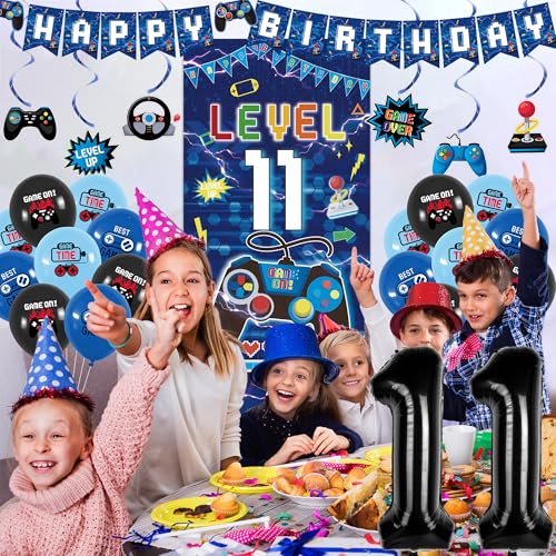 Image of Vlipoeasn Blue 11th Birthday Decorations for Boys, Video Game Level 11 Banner Backdrop Hanging Swirls for 11th Birthday Party, Gamer 11 Years Old Party Supplies