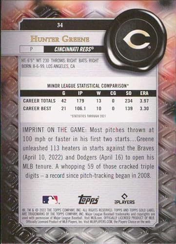 Miniatura 2 de 2022 Topps Gold Label Class 1#34 Hunter Greene Cincinnati Reds Rookie Baseball Card - GotBaseballCards