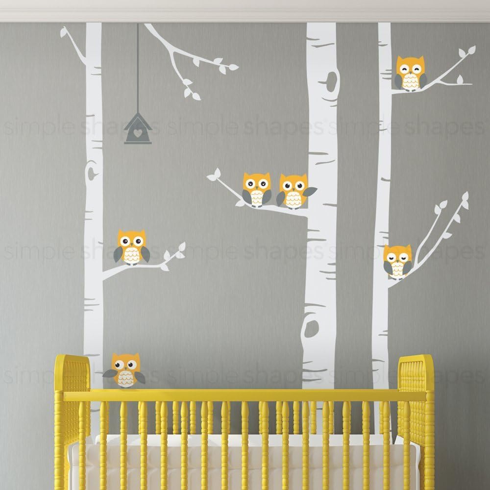 Birch Tree with Owl Wall Decal W1118 - Scheme A - 96" (243 cm) Tall Trees - by Simple Shapes ®