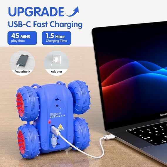 MaxTronic Fast Direct Charging Remote Control Cars, 360° Flip Waterproof Stunt Car with ON/OFF Cool LED, 2.4GHz 4WD Indoor Outdoor Kids RC Toy Gift ideas for Kids Boys Girls