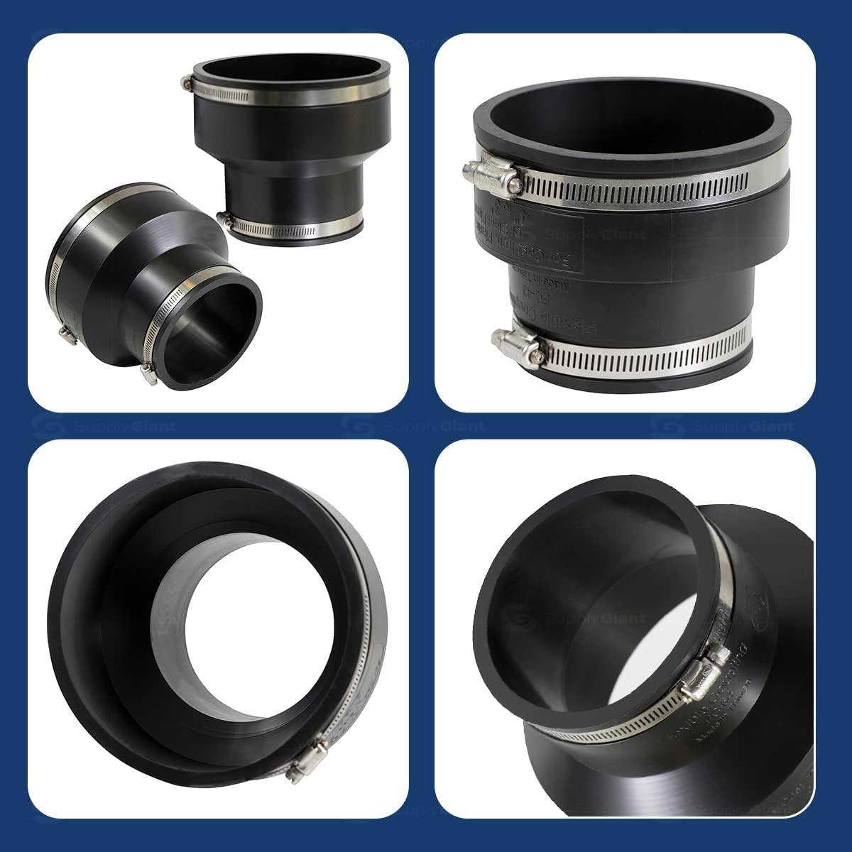 Supply Giant 6I5I Flexible Pvc Reducing Coupling with Stainless Steel Clamps, 6.6" x 4.5" Inner Diameter for 6" x 4" Nominal Pipe, Black