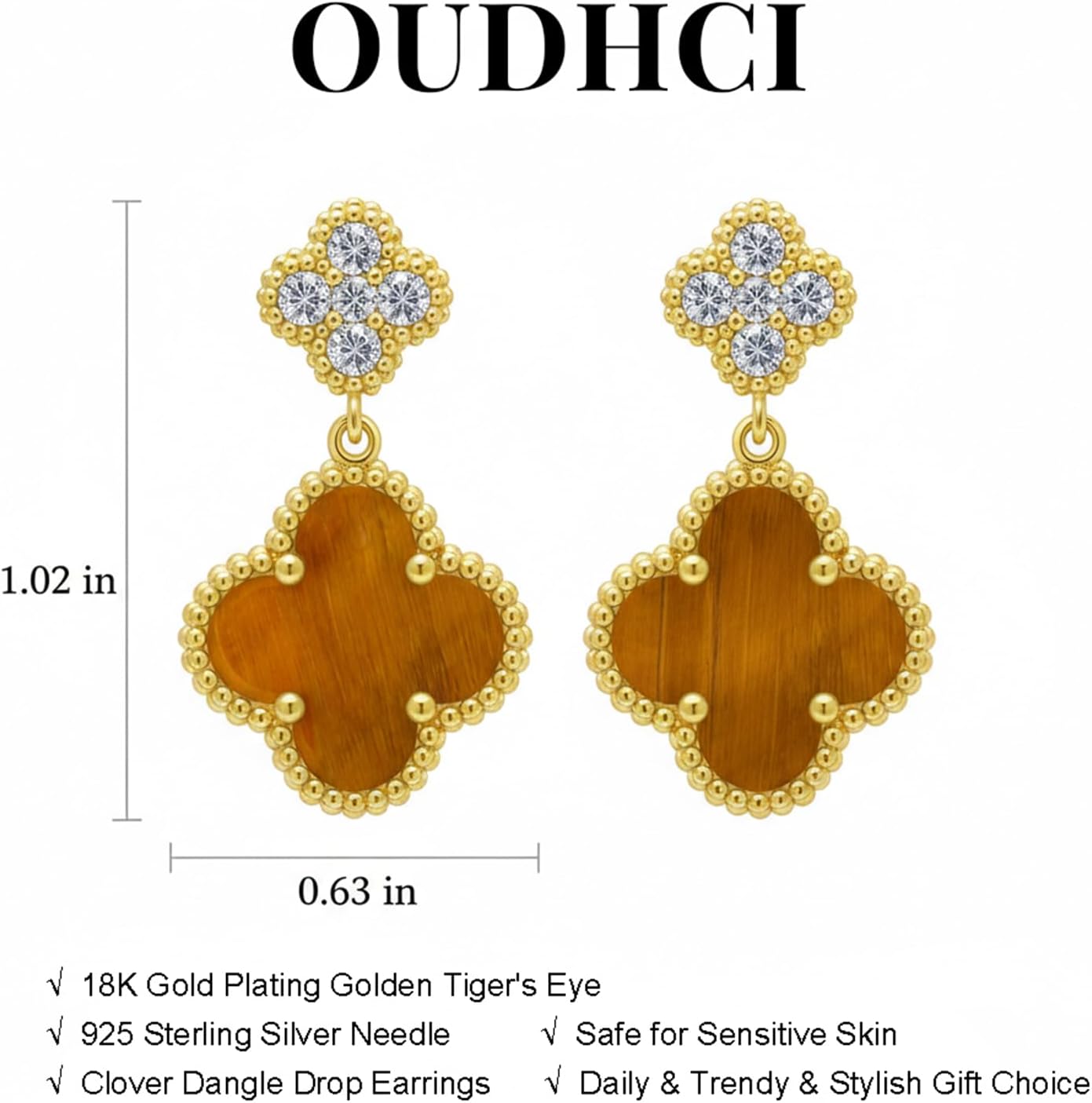 18K Gold Plated Dangle Earrings for Women Trendy, 925 Sterling Silver Four Leaf Clover Stud Earrings, Lightweight CZ Hypoallergenic Birthstone Fashion Accessories Gold Jewelry Gifts for Womens