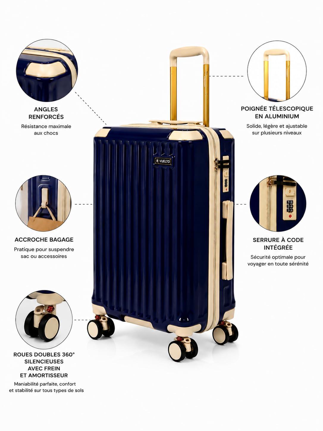 Valise Grande Soute XL 76 cm – Bagage Soute Léger & Résistant 97 L – Coque ABS & Polycarbonate – 4 Roues Doubles 360°, Serrure à Code Bleu Roi