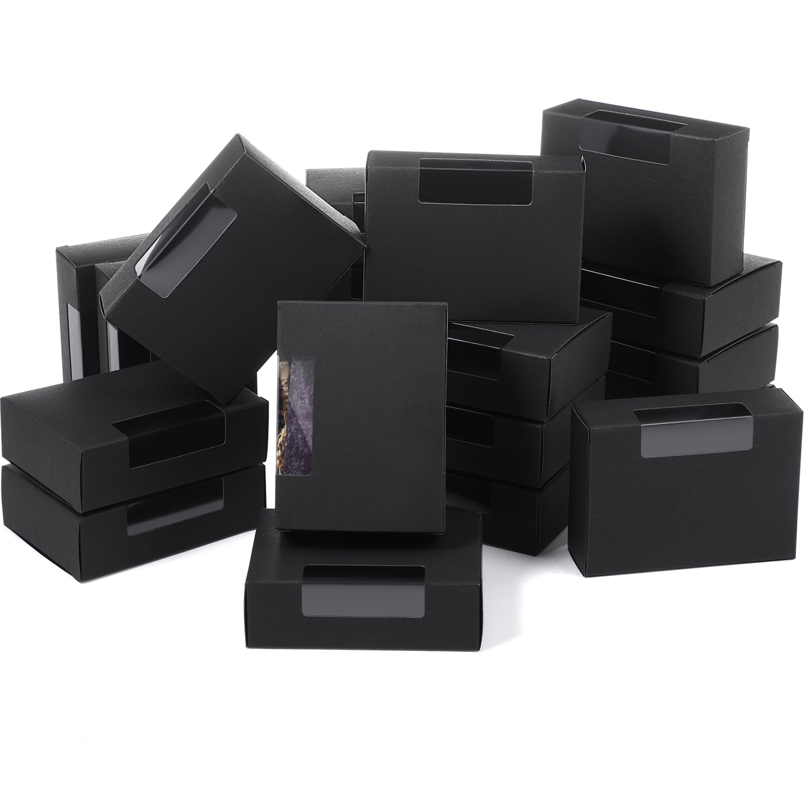 Spakon 30 Pack Kraft Soap Boxes with Clear Window, Handmade Making Soap Packaging Boxes, Small Gift Box for DIY, 3.5 x 2.6 x 1.2 Inch(Black)