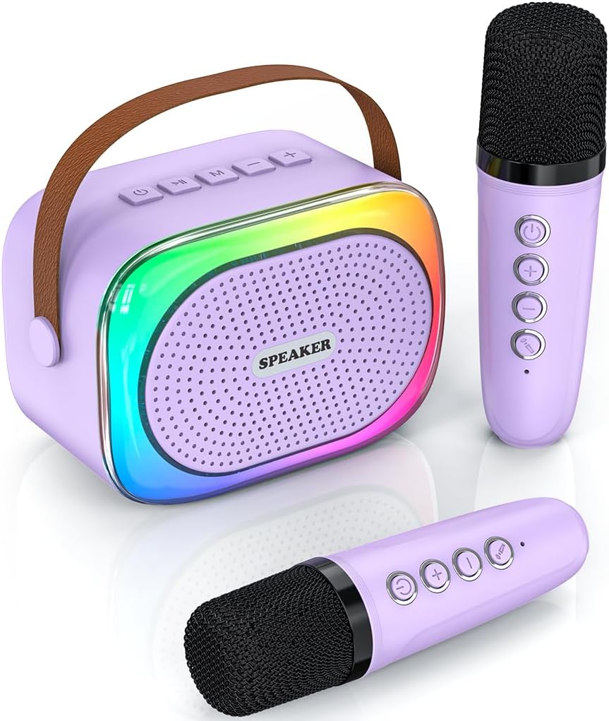 Mini Karaoke Machine for Kids Girls Boys Ages 3-12, Portable Bluetooth Speaker Car Karaoke with 2 Wireless Microphones with Voice Changing & LED Lights, TOP Birthday for Teen Child