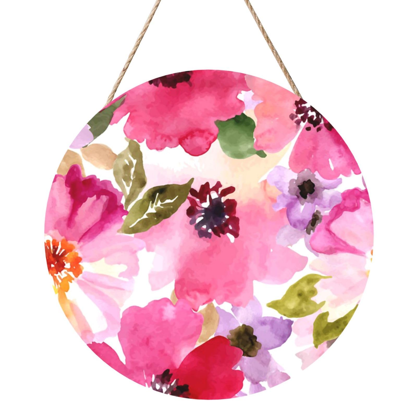 InOmak Watercolor Flowers Pink Fuchsia, Round Wood Panel Painting 12 in, Wall Hanging Painting For Home