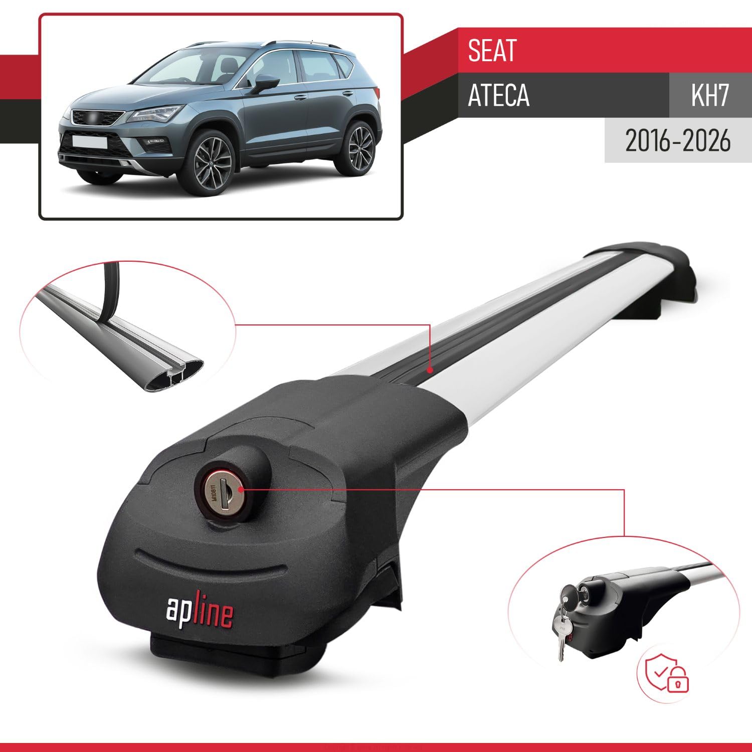 Kompatibel mit Seat Ateca (KH7) 2016-2026 ACE-1 Modell Relingträger Dachträger Auto Gepäckträger Grau Aluminium 2 Stangen