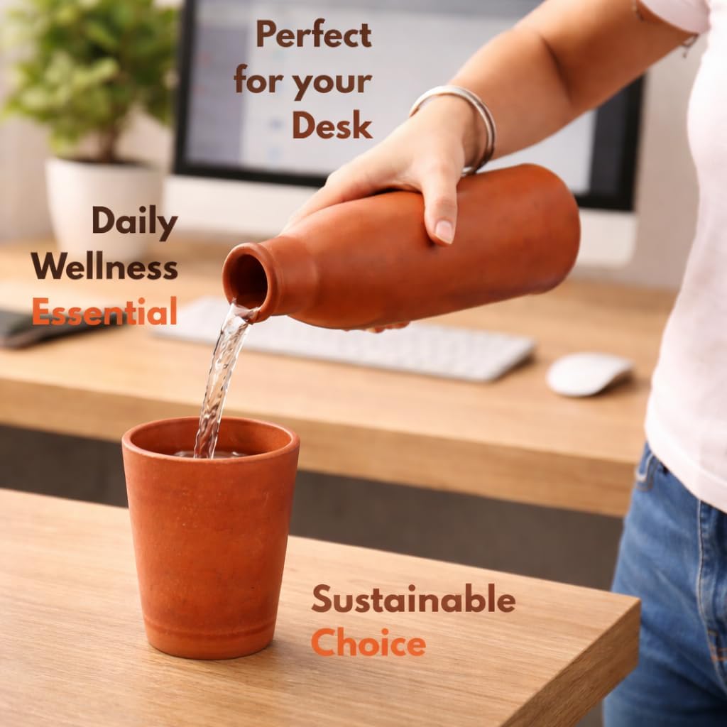 Terracotta Water Bottle 1 Litre | Handmade Mitti Drinking Vessel | Natural Cooling Earthen Pot | Ecofriendly Bio-degradable | Travel Friendly Leak Resistant with Lid | Healthy (Clay Brown)