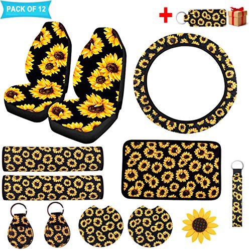 12 PCS Sunflower Car Accessories,2PCS Front Sunflowers Car Seat Covers,Sunflower for Steering Wheel Cover,Vehicle Center Console Armrest Cover Pad,2 Seat Belt Cover,2 Car Coasters,3 Keyring,Car Vent