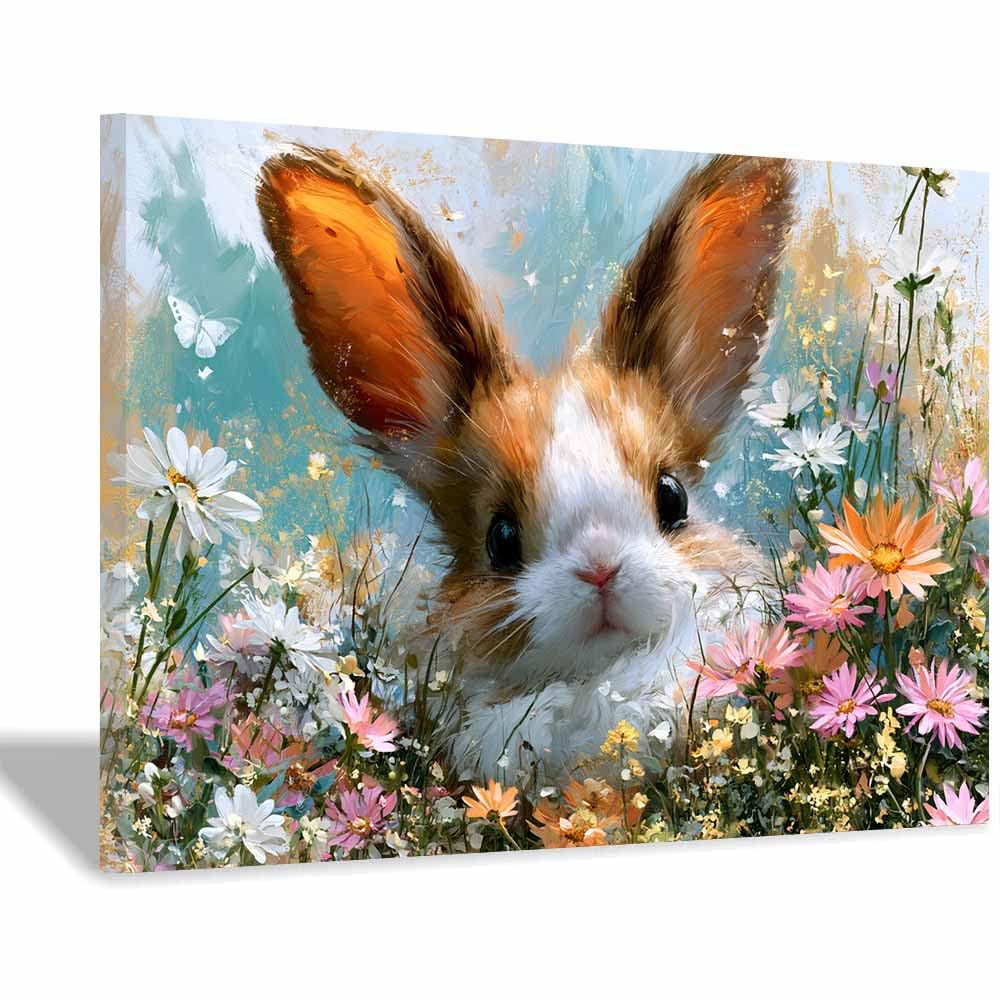 PUQAAEO Wall Art Painting Grizzly Bear Prints On Canvas Wildflower Cute Rabbit Animal Pictures Wall Art for Home Cabin Decoration Rustic Farmhouse Decor(Multicolor)-60x90cm Framed