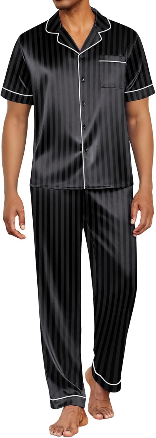 Ekouaer Mens Satin Pajama Set Short Sleeve Button Down Sleepwear Classic Loungewear Set with Long Pants