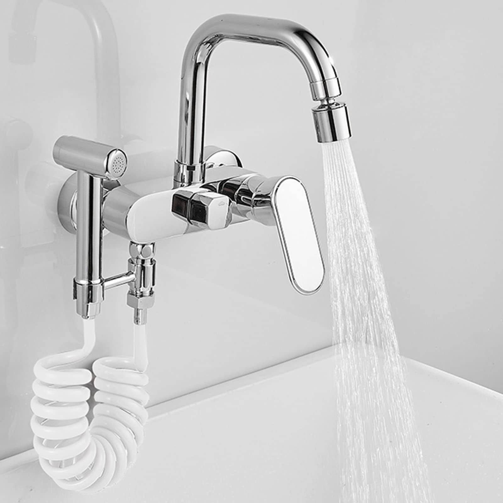 ASerZenith Kitchen Tap Wall Mount, Kitchen Sink Taps Brass Sink Faucet With Spray Gun Hot And Cold Swivel Wall Mount Kitchen Taps-Chrome