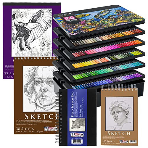 Master 150 Colored Pencil Mega Tin Set With Premium Soft Thick Core Vibrant Color Leads With 4 Different Sketching & Drawing Paper Pads - Artist Art Blending, Shading, Layering, Adult Coloring Books #TOP28