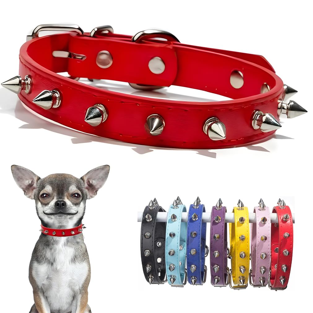 Red Spiked Dog Collar For Medium Dogs PU Leather Rivet Spike Puppy Collar Studded Kitten Cat Collars Adjustable Buckle For Small Medium Breed Pets Like Chihuahua French Bulldog