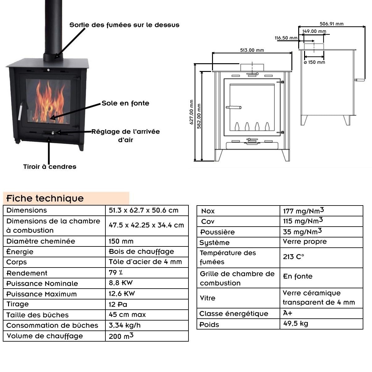 Poêle à Bois à Accumulation 8,8-12 KW - bûches de 45 cm