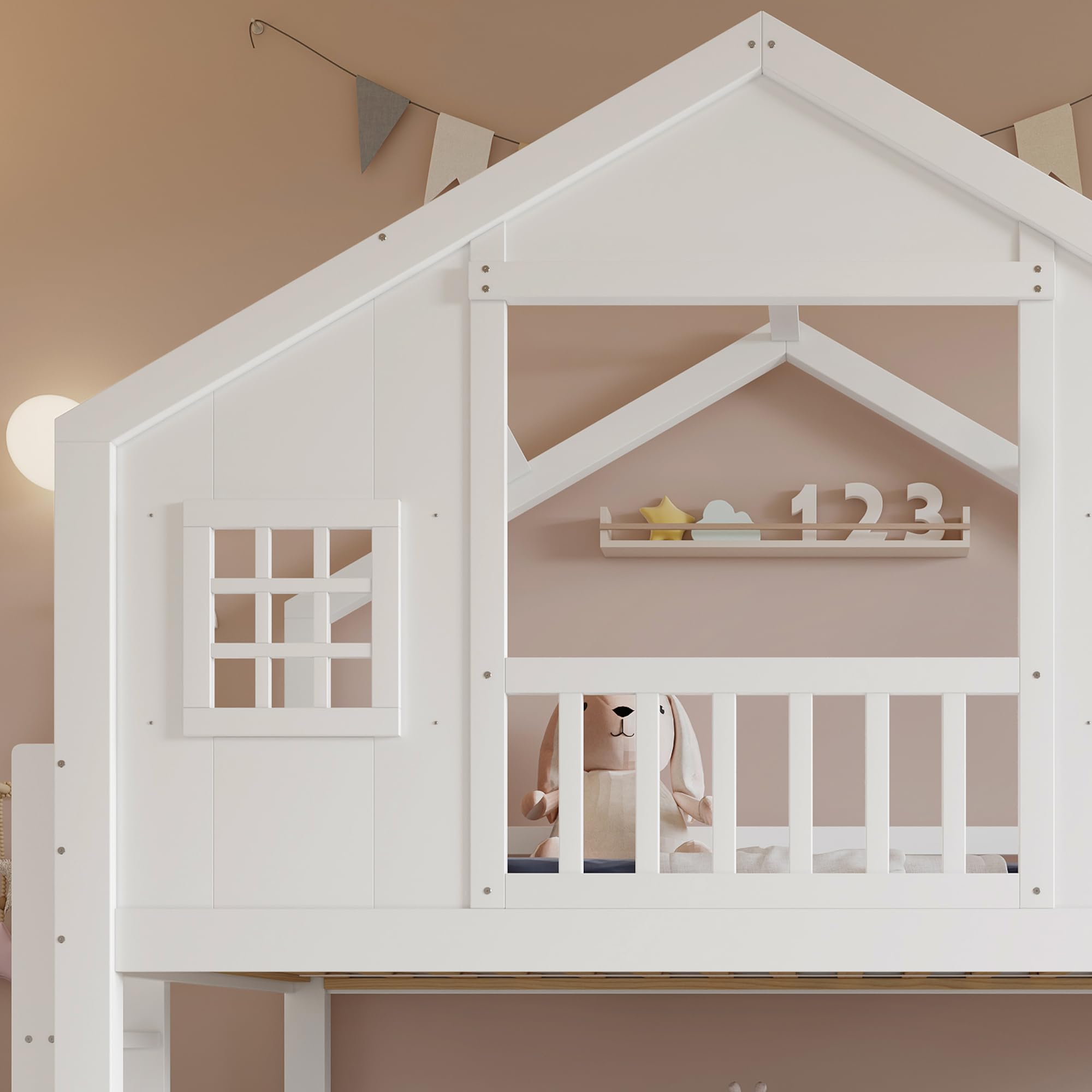 Etagenbett mit Kinderrutsche, Kinderbett, Exquisites Fenster- und Dachdesign, Stabiler Lattenrost und Stufen, Kiefer + MDF+Sperrholz, Weiß, 90x200cm