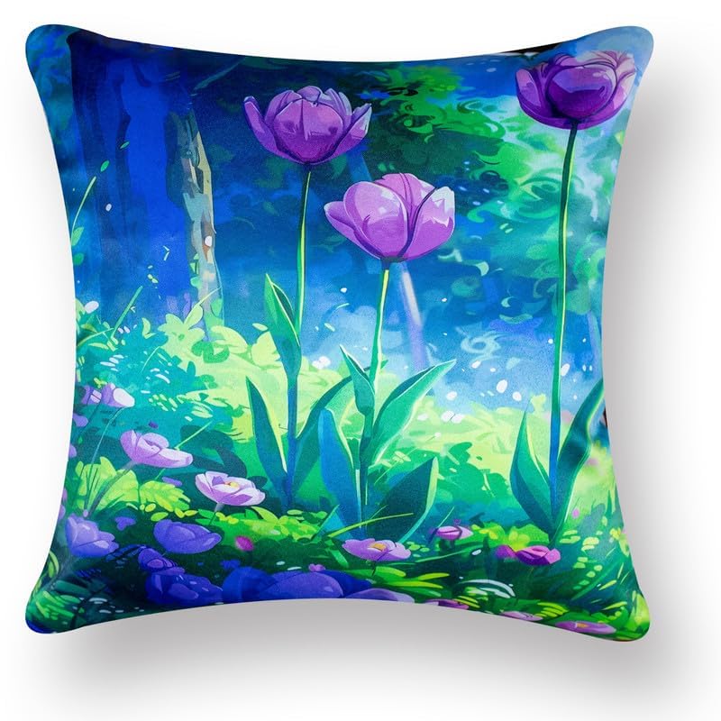Image of Decorative Satin Sofa Cushion Covers Set of 5, 16 x 16 Inches, Multicolor Floral Printed Pillow Covers for Living Room, Bedroom, Couch & Sofa, Soft Glossy Fabric, Zipper Closure