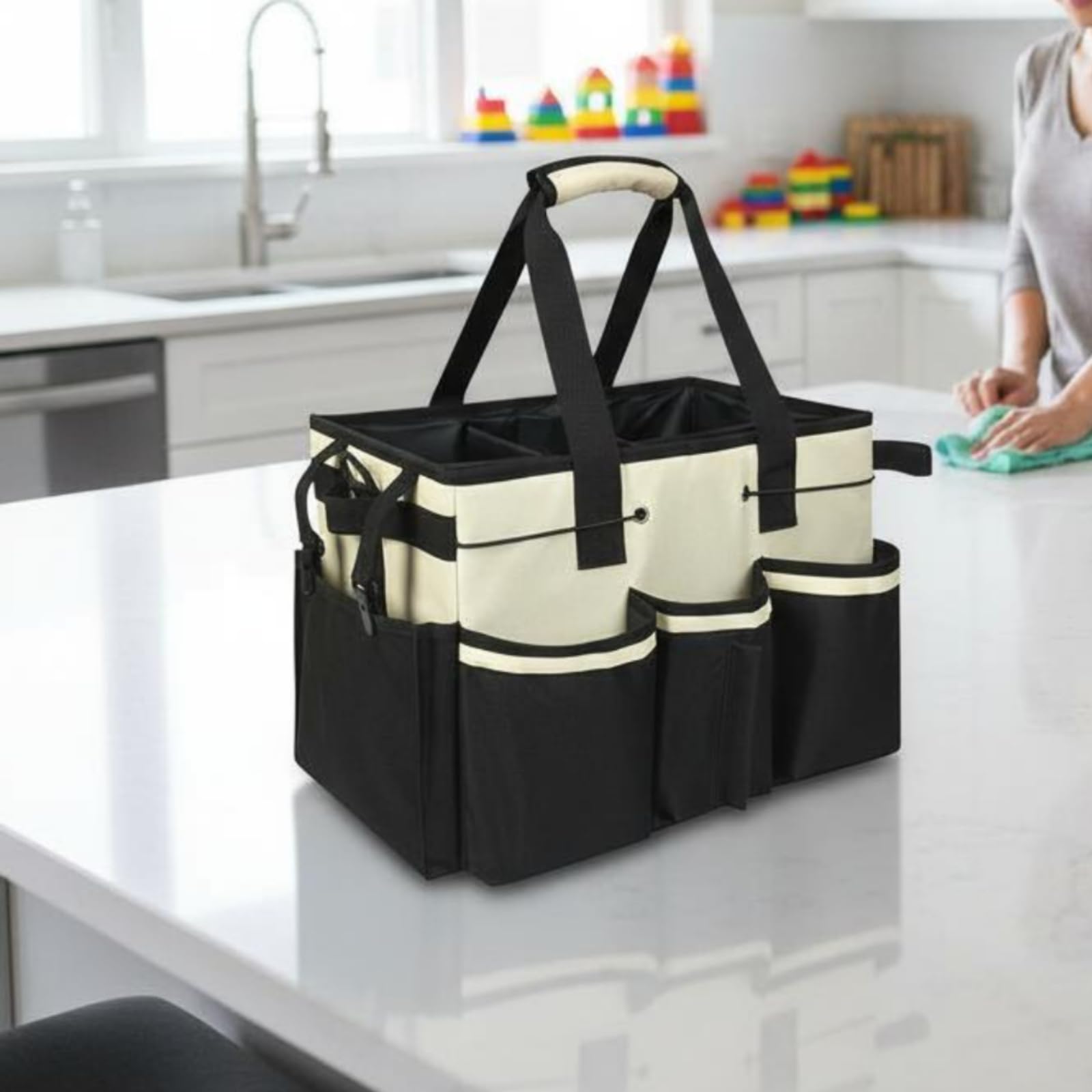 Qianly Sac Organisateur Nettoyage Base Renforcée Sac Compartimenté Nylon Résistant Rangement Domestique