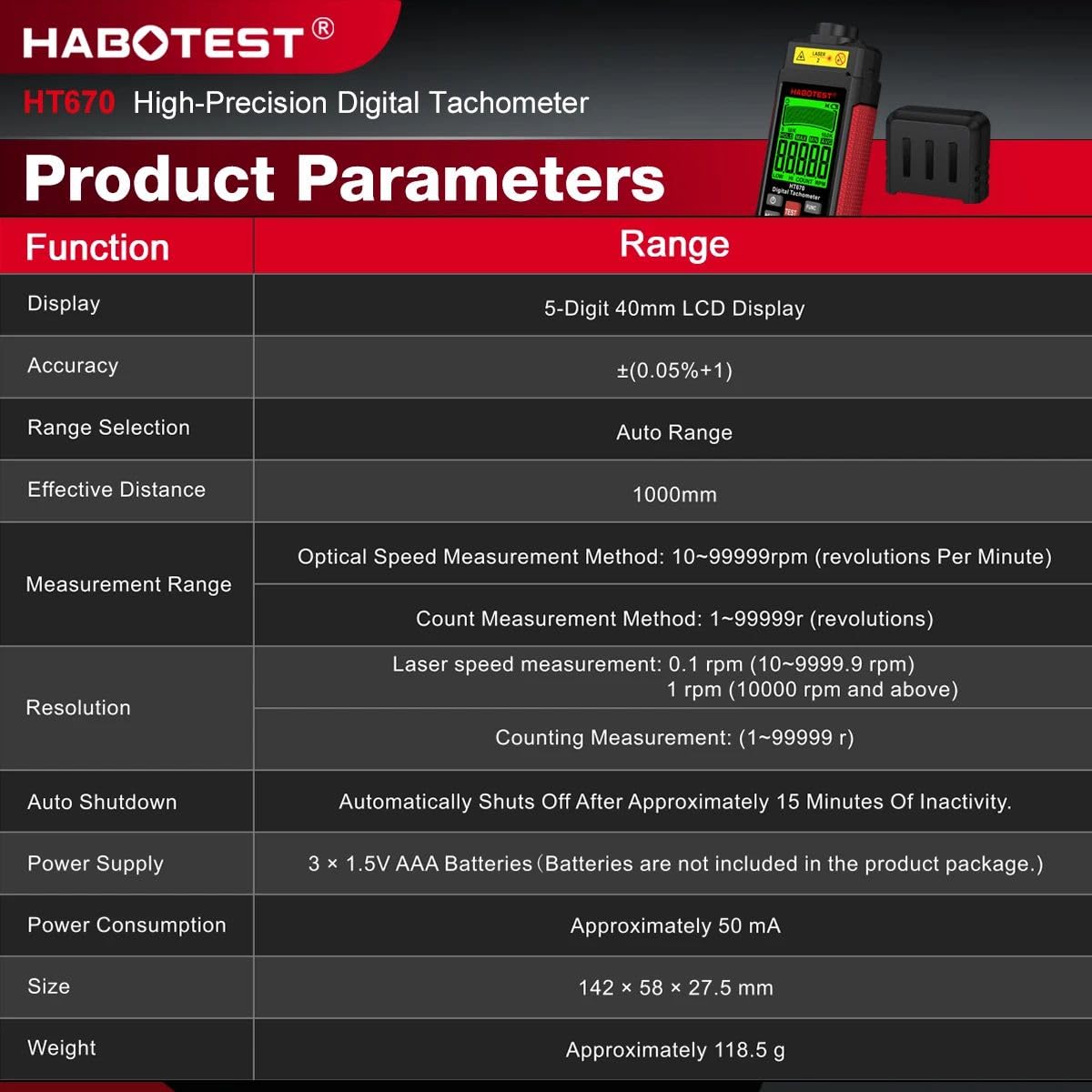 HT670 Digitaler Laser-Drehzahlmesser, berührungsloser Drehzahlmesser 2,5–99999 U/min mit LCD-Hintergrundbeleuchtung für die Messung der Motordrehzahl