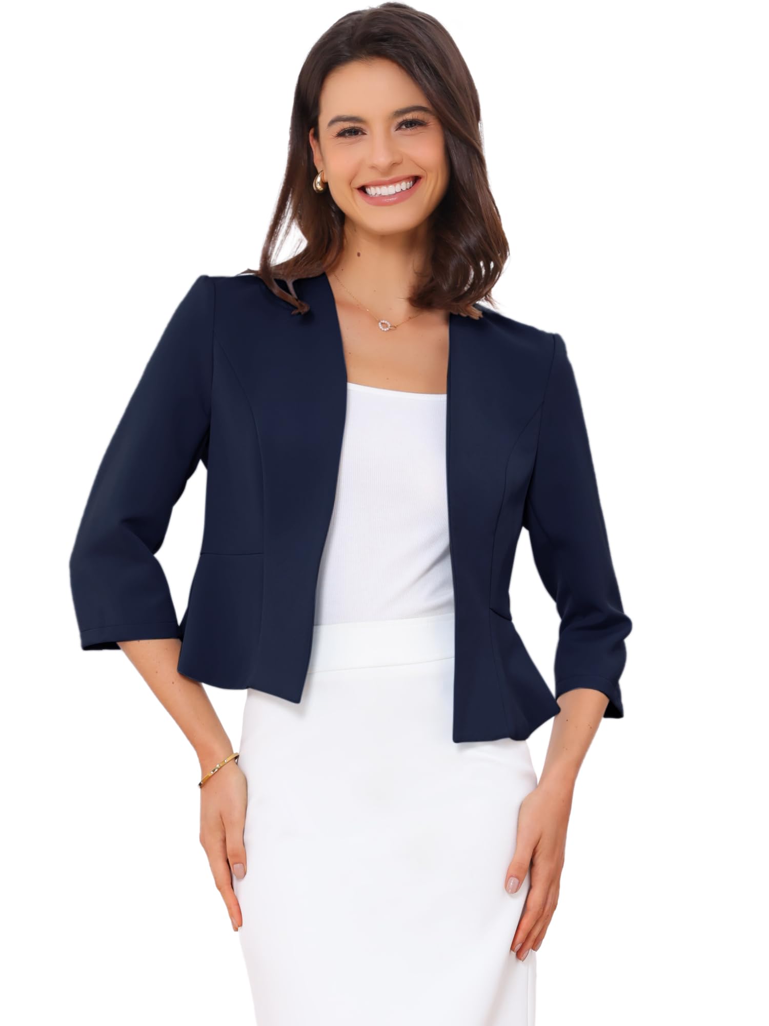 Allegra K Elegant Crop Blazer for Womens Open Front Collarless 3 4 Sleeve Peplum Business Suit Jacket