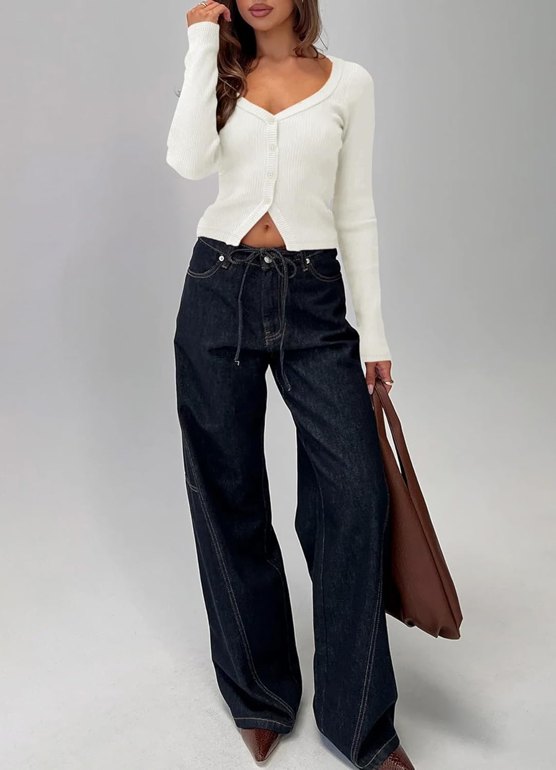 Women Button Up Fitted Cardigan Long Sleeve V Neck Cami Shirt Y2k Ribbed Crop Tops - Image 6