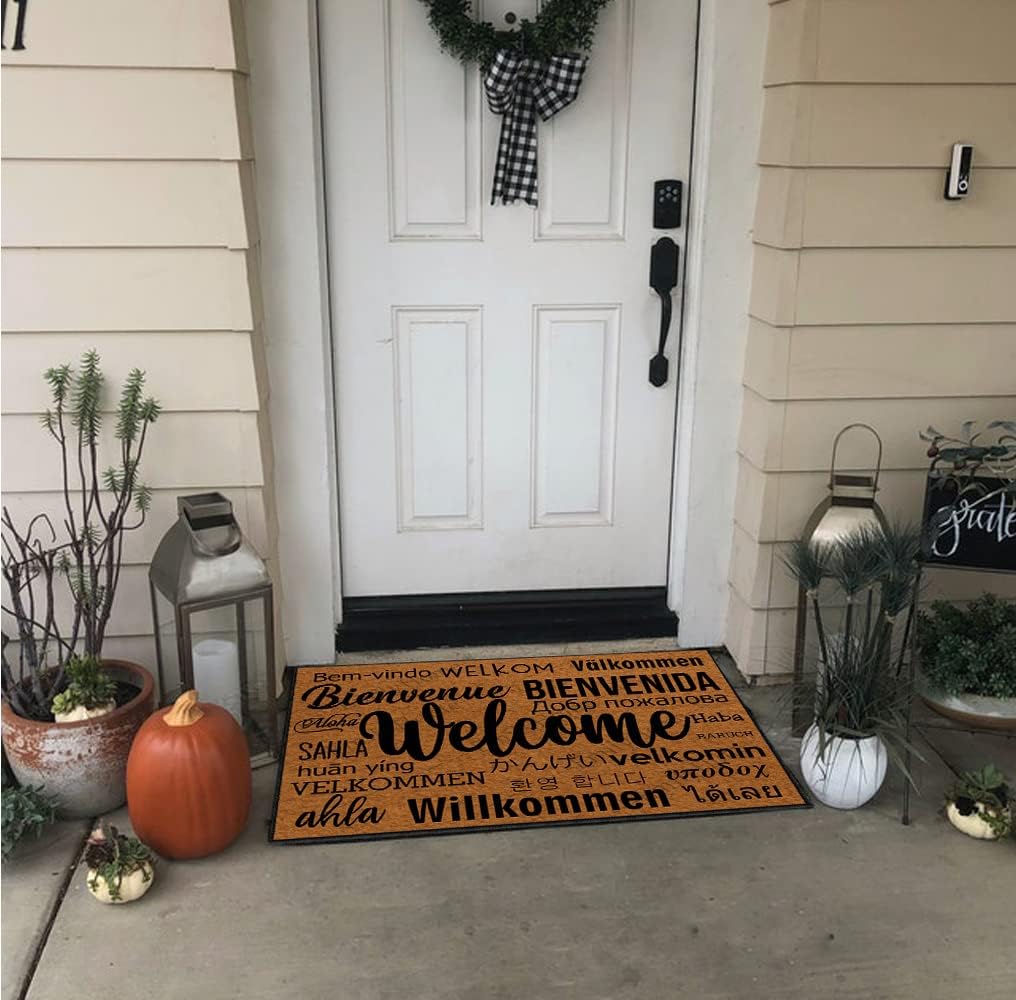 Front Door Mat Indoor Entrance Rugs Indoor, Welcome in Different Languages Summer Door Mat Doormat Outdoor Entrance Funny Door Mats 23.6X15.7 Inch