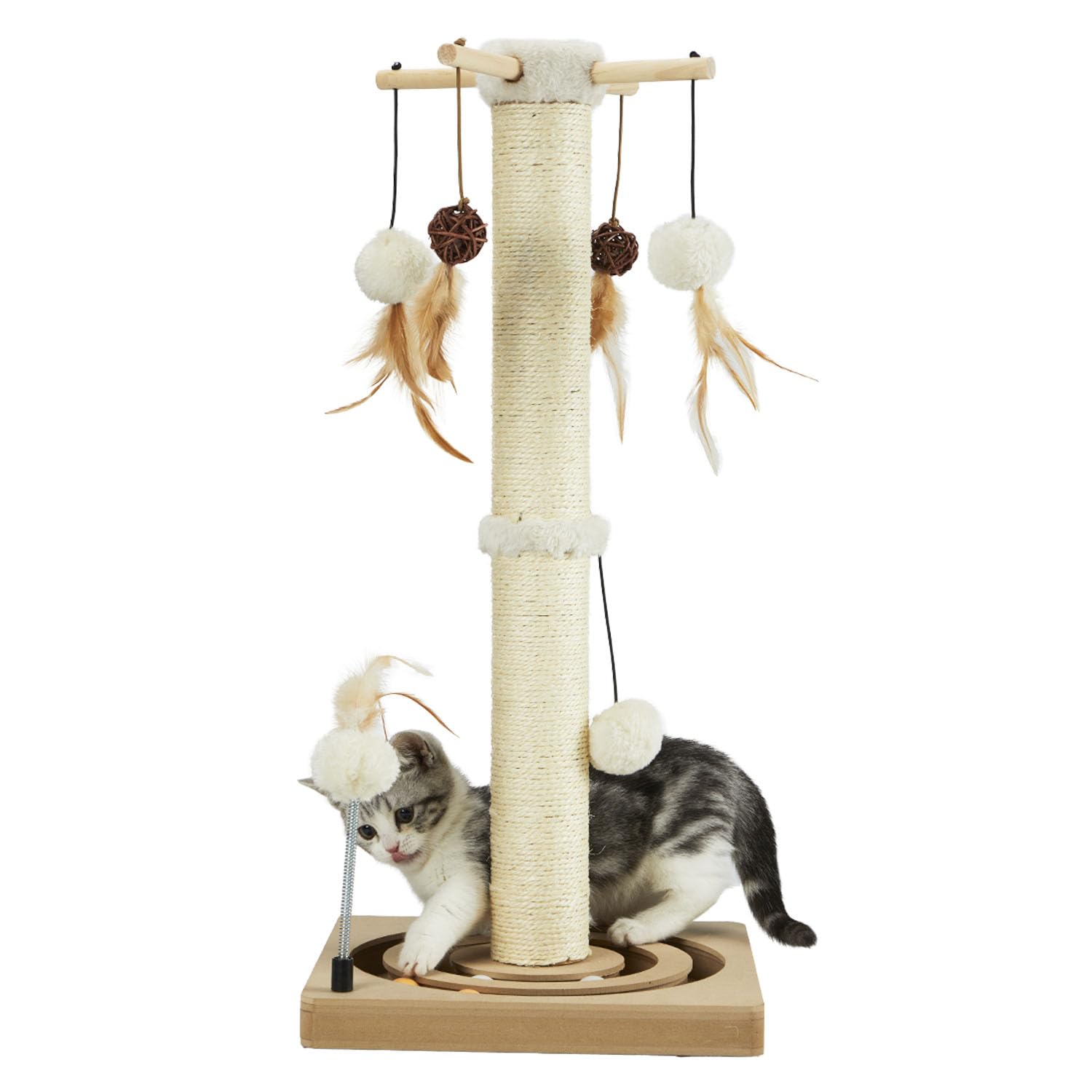 PEEKAB Cat Scratching Post Sisal Scratch Posts for Indoor Cats and Kittens,with Tracking Ball Interactive Toys and Hanging Balls 30 Inches Beige