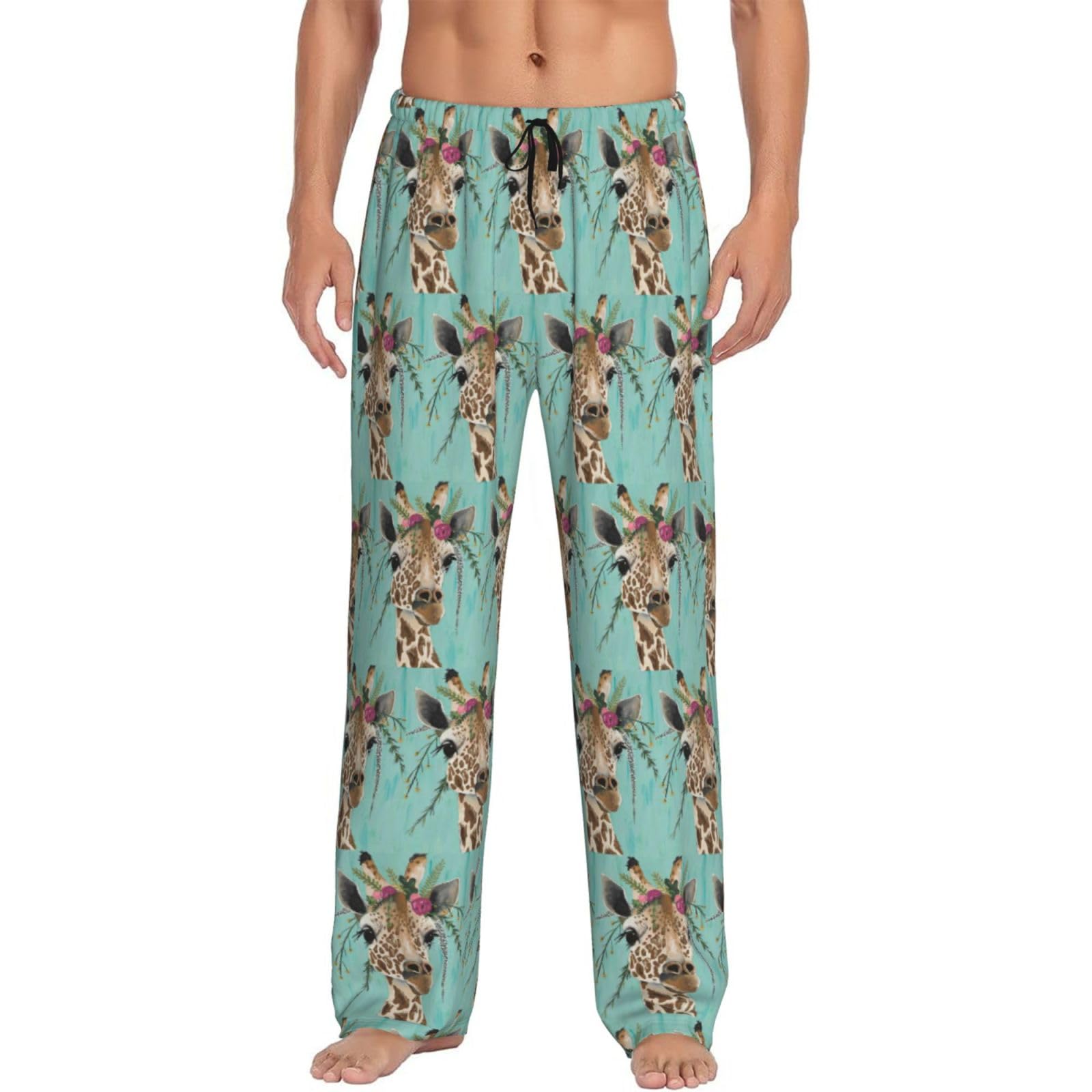 Kapptyy Men's Black Giraffe With Floral Pj Pajama Pants Bottoms Lounge Sleepwear Pjs With Pockets And Drawstring