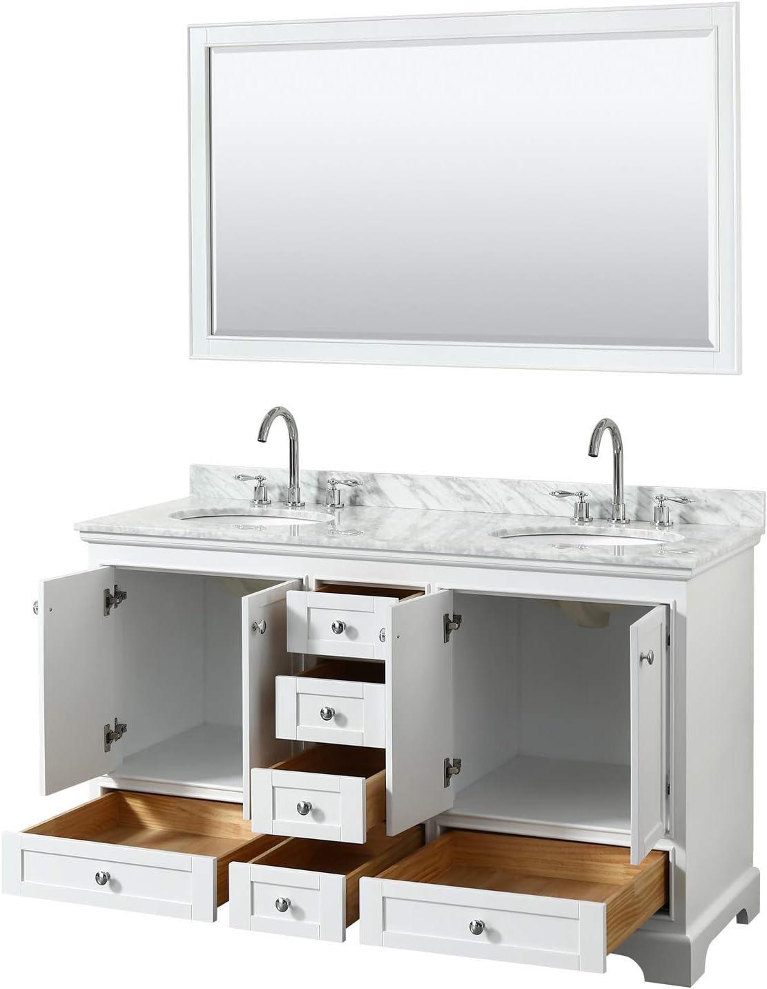 Wyndham Collection Deborah 60 Inch Double Bathroom Vanity in White, White Carrara Marble Countertop, Undermount Oval Sinks, and 58 Inch Mirror