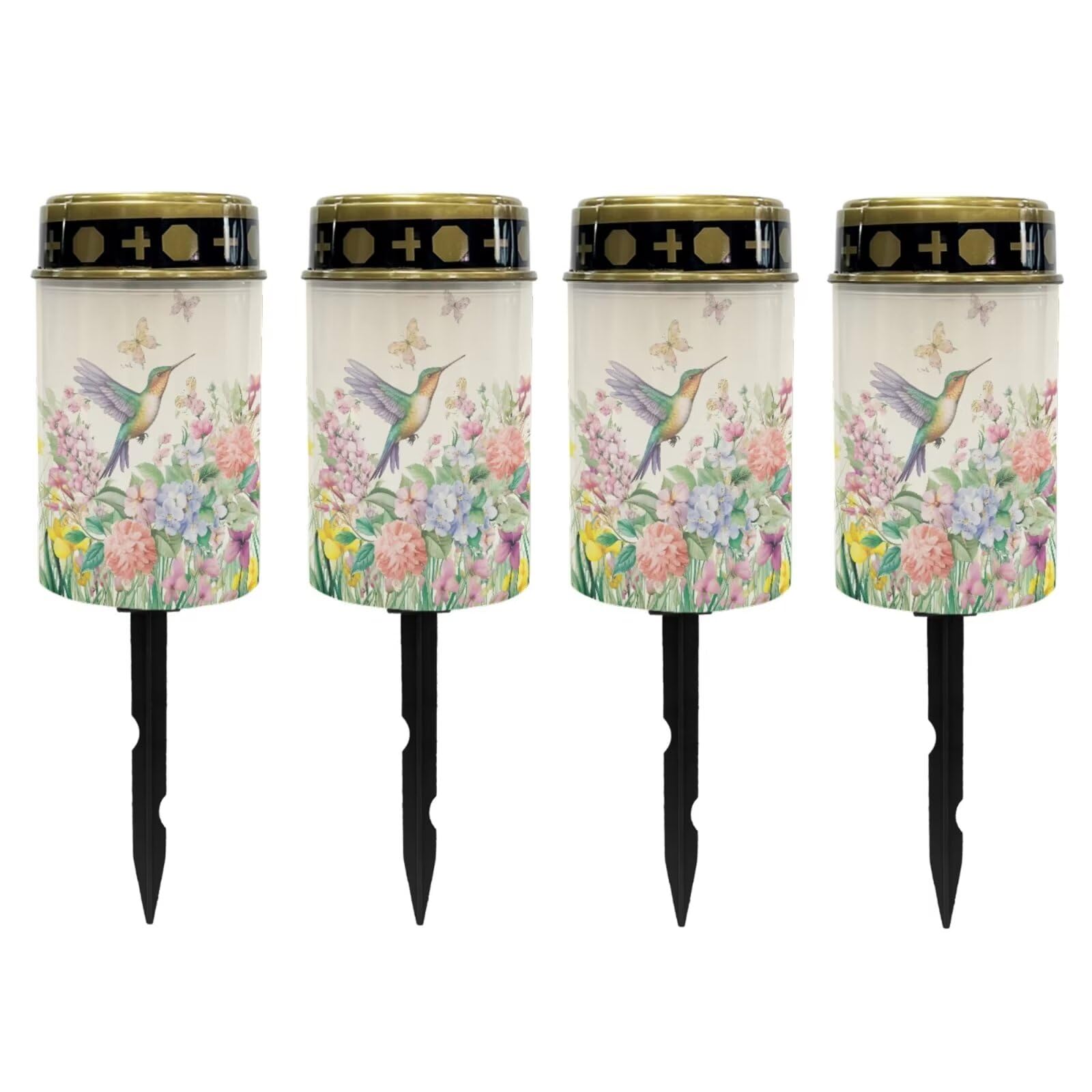 Poceacles Solar Lights Waterproof Solar Garden Lights Cemetery Solar Outdoor Lights Outdoor Stake Automatic Solar Lantern for Cemetery Grave Decoration, Hummingbird Flower Butterfly, Pack of 4