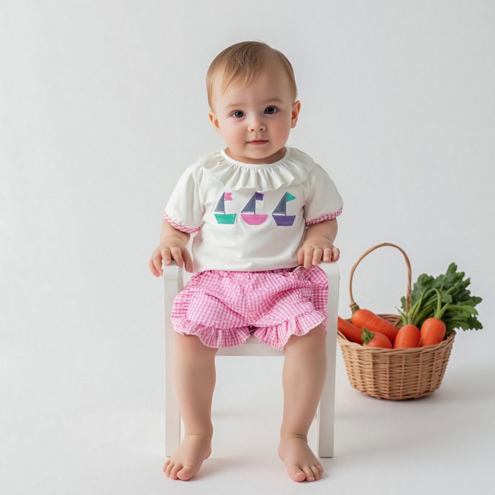 Gaono Toddler Baby Girl Sailboat Outfit Short Sleeves T-Shirt and Plaid Ruffles Shorts Set 2 Piece Summer Clothes (White, 3-4T)