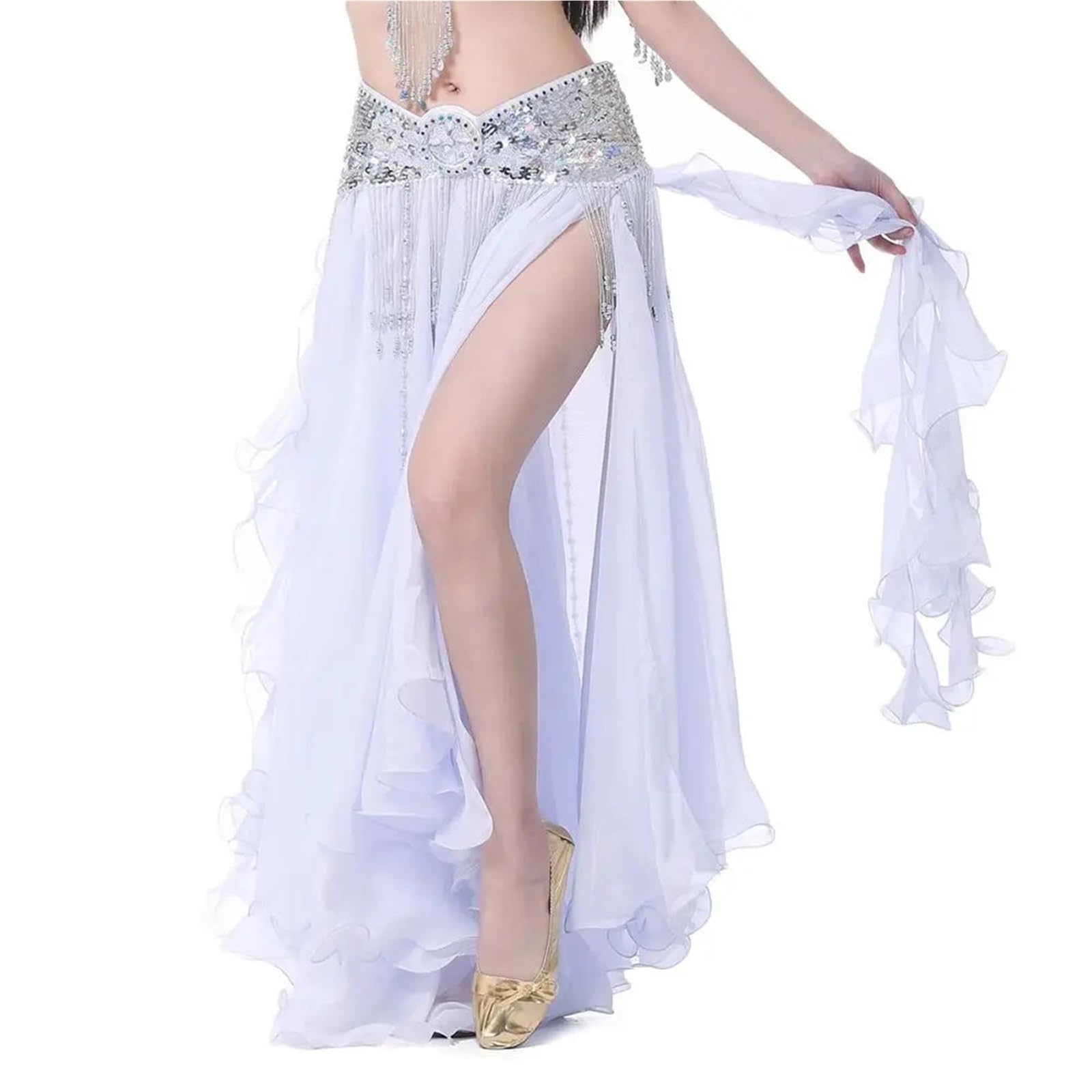 TRRYUIP Belly Dance Skirt Belly Dancing Women Chiffon Skirt Shiny Sequins Tassels Show Costumes(White)