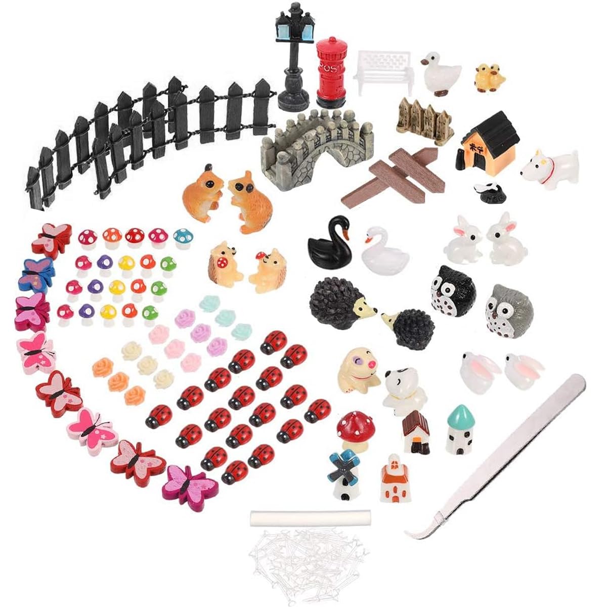 VOANZO 103 Pcs Miniature Fairy Garden Accessories Miniature Garden Ornaments Kit Outdoor Garden Animals Fence Flower Bridge Shape Decorations