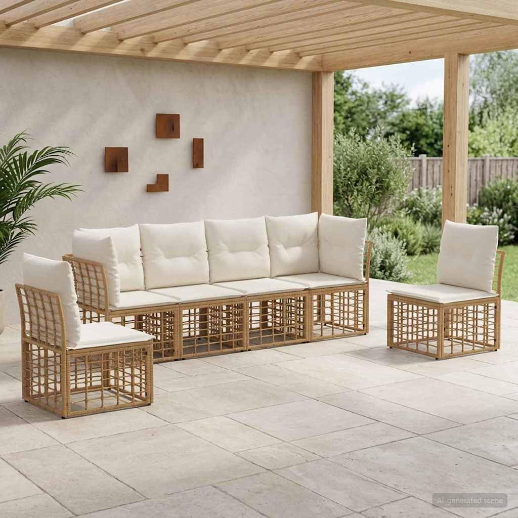 Ensemble de Canapés d'Extérieur 6 Places en Poly Rattan Naturel, Salon de Jardin Modulaire avec Coussins pour Terrasse et Balcon, Mobilier de Jardin Design et Durable
