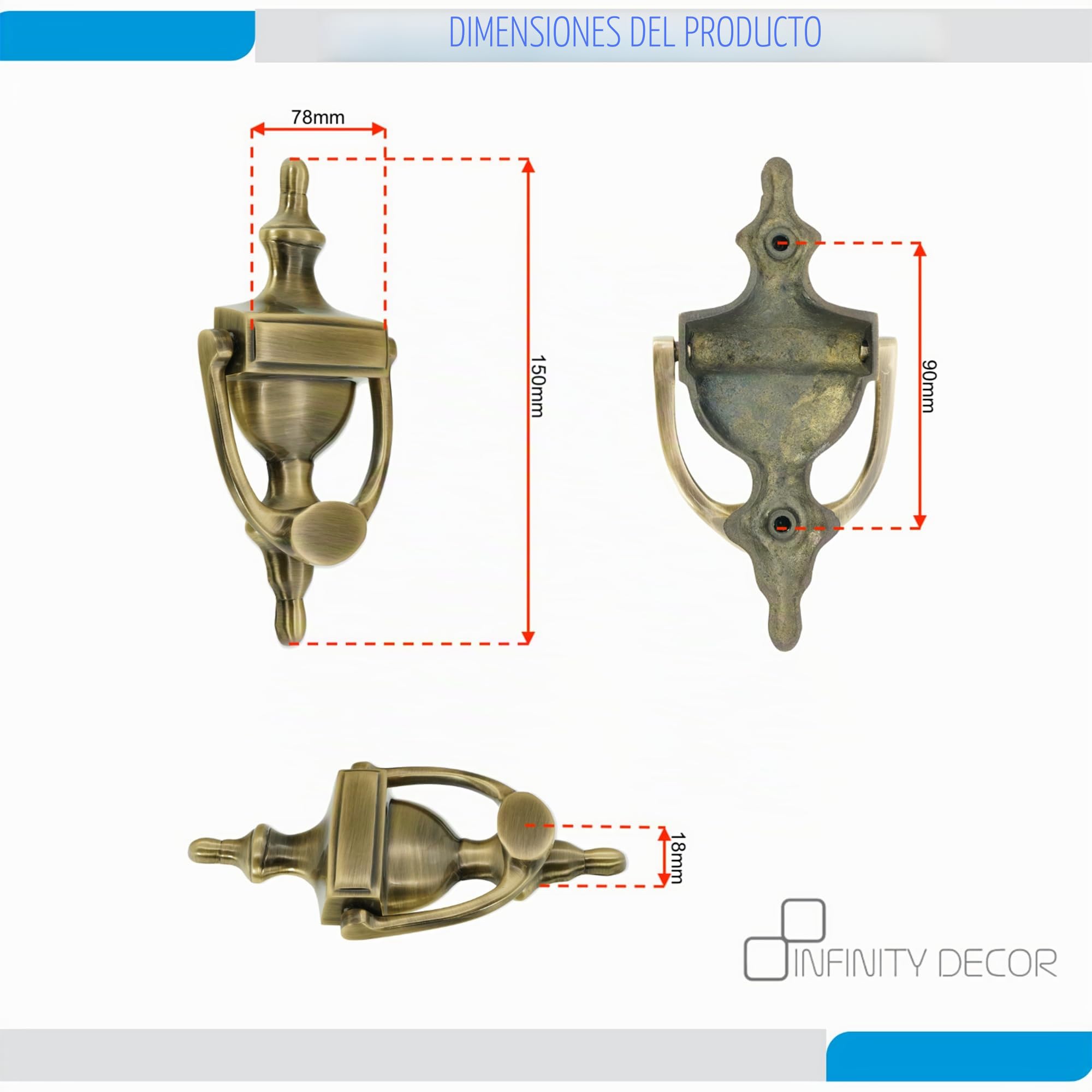 Infinity Decor Aldaba de puerta estilo victoriano de latón macizo de 6 pulgadas en acabado de latón antiguo, aldaba de mano de alta calidad para muebles de puerta delantera de entrada