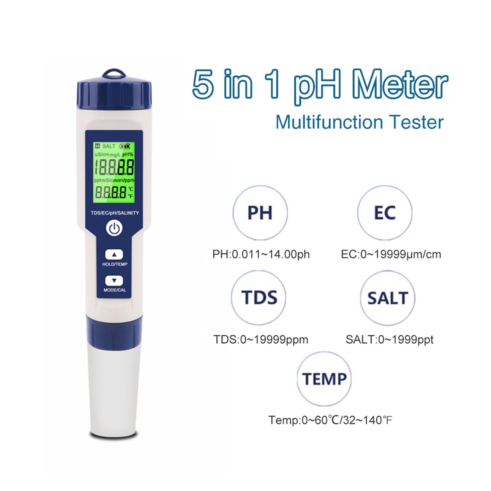 5 w 1 Tester jakości wody cyfrowy LCD PH/TDS/EC/SALT/miernik temperatury EZ 9909 monitora do basenów akwariów z wodą pitną,Precyzyjny tester