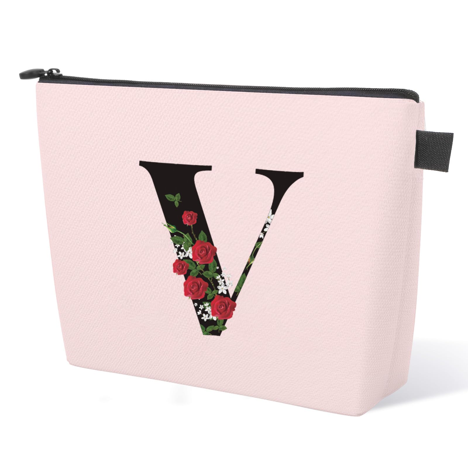 OTU Womens Personalised Rose Gold Initial and Name Makeup Bag, Birthday Gifts for Women Mom,Gifts for Best Friend,Bride Bridesmaid Cosmetic Bag (V)